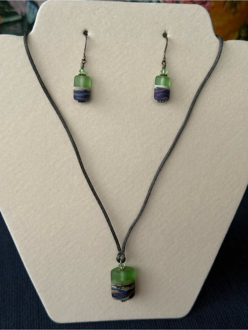 Green & Purple Glass Bead Necklace & Earrings Set